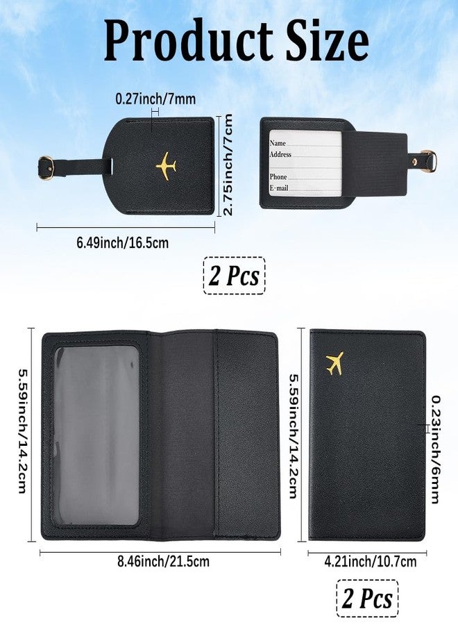 CALFOVERA 2 Sets Metallic Airplane Pattern Luggage Tag Mr and Mrs Honeymoon Passport Wallets Travel Holder PU Leather Black Couple Passport Cover Blocking Card Slots RFID Case Suitcase for Women Men - Image 2